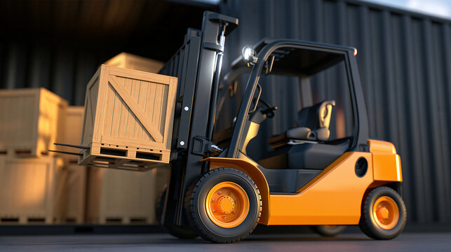 Orange forklift loading wooden crates into a shipping container, with copy space
