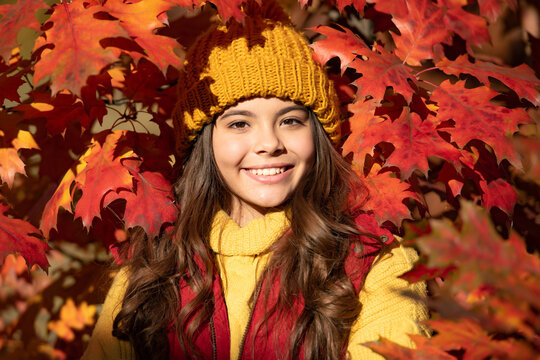 Autumn kid girl face in autumn fall leaves outdoor. smiling girl in hat standing at autumn leaves