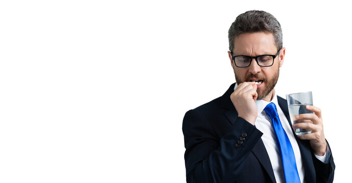 Tired, headache and eye strain. Business man in suit with stress, burnout and fatigue eyestrain. Chronic headaches. Headache triggers. Banner with copy space.