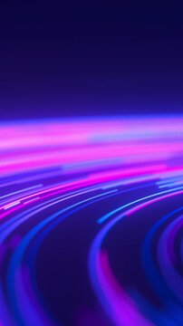 Extreme closeup of circular big data neon line flow. Digital data stream for quantum computing. Cyberspace of qubit round trail waves. Modern technology information transmission. Vertical Video.