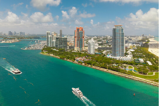 Aerial view of Miami marina. Miami skyline with marina and yacht.