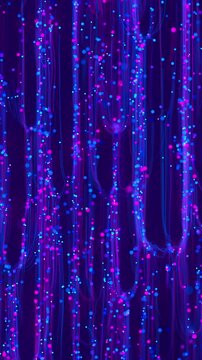 Upward big data neon line flow. Abstract digital data stream of quantum computing. Cyberspace of qubit trail waves. Modern technology information transmission. Vertical Video.