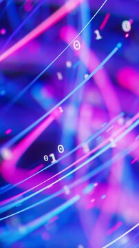 Closeup of neon line flow carrying big data along a helix. Abstract digital data stream of quantum computing. Cyberspace of neural network helix. Modern technology data transmission. Vertical Video.