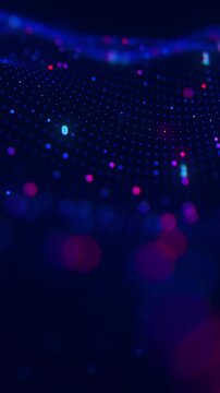 Futuristic technology wave with neon line patterns and cloud data points. Digital cyberspace concept. Abstract digital wave with moving particles. Big data flow animation. Vertical Video.
