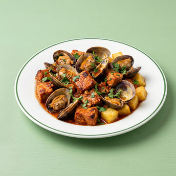 A dish of cubed pork with mussels, potatoes, and fresh herbs on a green wooden table - lombo de porco &agrave; alentejana