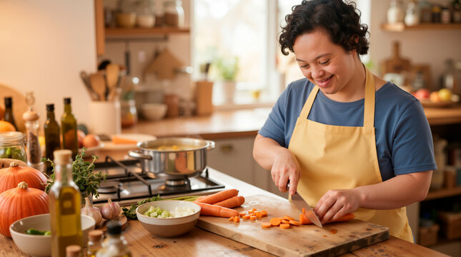 Smiling woman with Down syndrome cooking in a domestic kitchen. Adult female wearing a yellow apron slicing fresh carrots on a wooden board. Healthy eating and inclusive lifestyle concept