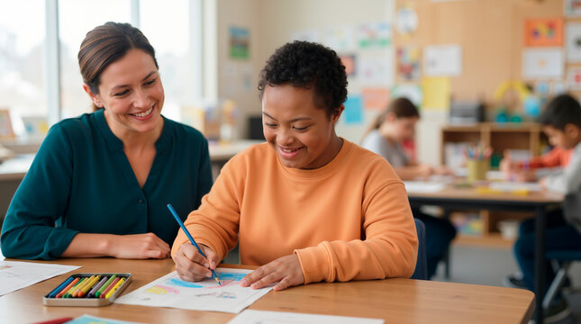 Female teacher helping a young Black male student with Down syndrome draw in a classroom. Inclusive education and special needs support concept