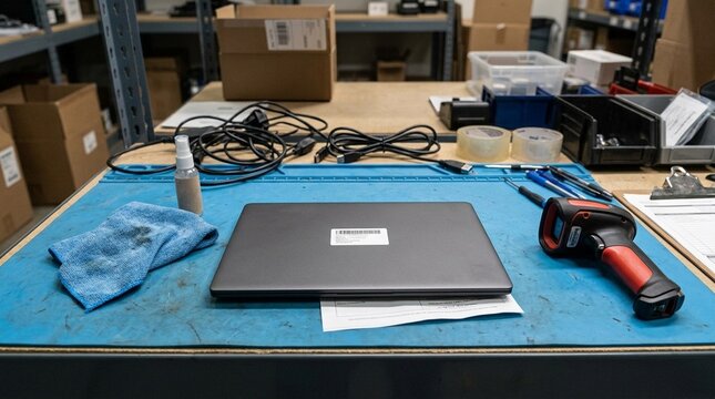 Returned laptop on workbench with wipe cloth and barcode scanner, IT equipment return and refurbishment