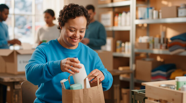 Smiling woman with Down syndrome packing supplies into a paper bag. Volunteer working at a community food bank or charity donation center. Teamwork and inclusion concept
