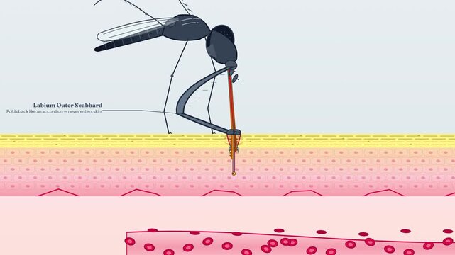 2D diagrammatic animation explaining the microscopic anatomy of a mosquito bite showing the labium outer scabbard serrated maxillae razor mandibles flexible labrum tube and hypopharynx syringe