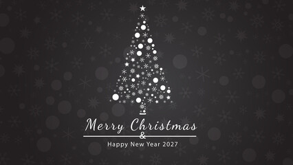 Greeting card with stylized christmas tree silhouette composed of festive ornaments on dark background line art graphic elements greetings new year celebration ornament festivity © Suborna