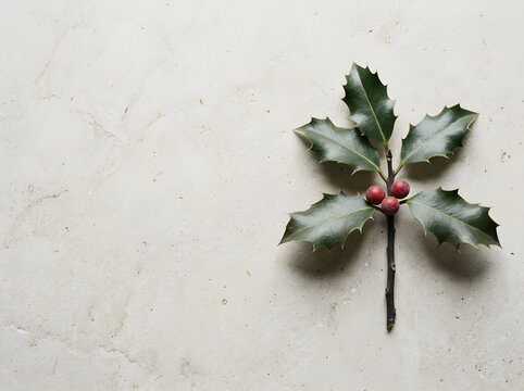 Minimalist holly sprig with red berries on stone background, festive Christmas branch with copy space, elegant winter holiday plant decoration