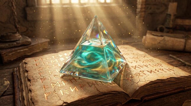 Glowing cyan magic potion in a pyramid crystal bottle on an ancient spellbook with light rays, fantasy alchemy