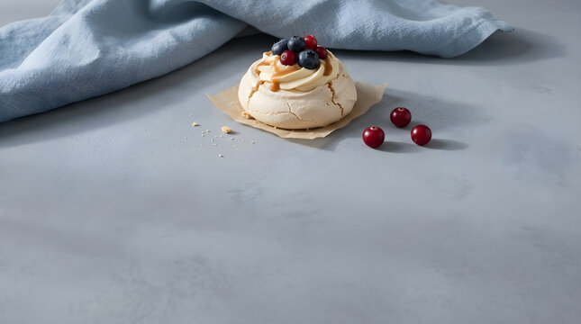 Mini Pavlova dessert with fresh berries and cream, gourmet meringue cake on blue background, elegant sweet pastry with copy space