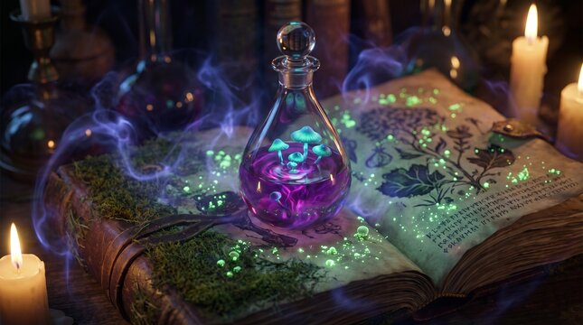 Glowing pink magic potion with bioluminescent mushrooms in a glass flask on an ancient spellbook, fantasy alchemy