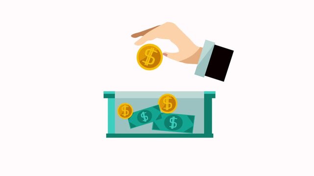 Vector animation of a hand dropping a gold coin into a donation box filled with money