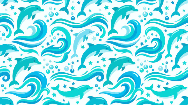 Seamless Pattern: Playful Dolphins Jumping Through Turquoise Waves