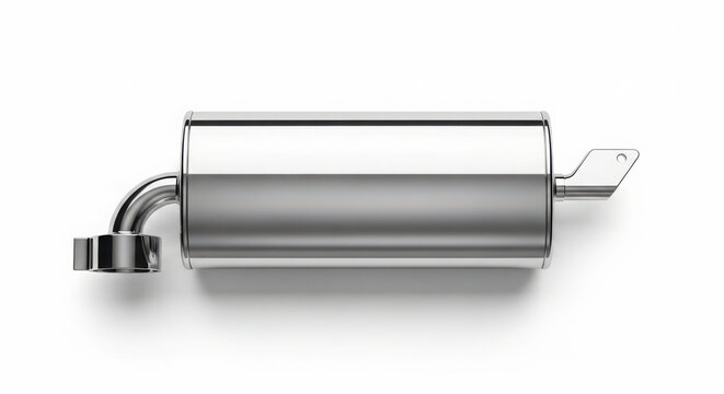 Shiny chrome car muffler isolated on white background showing smooth metallic surface design for automotive engineering and vehicle repair parts