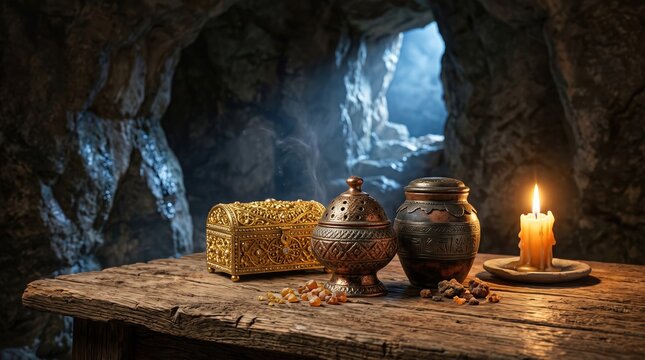 Three Wise Men Gifts of Gold Frankincense and Myrrh on Wooden Table in Cave with Candle