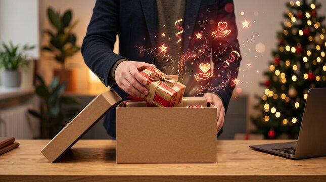 Man Packing a Wrapped Christmas Gift into a Cardboard Box for Shipping