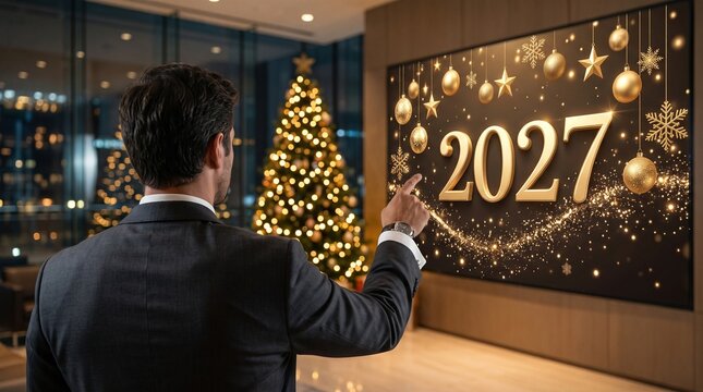 Businessman in a dark suit viewed from behind pointing at a large digital screen displaying the year 2027 adorned with golden New Year and Christmas decorations like ornaments stars and