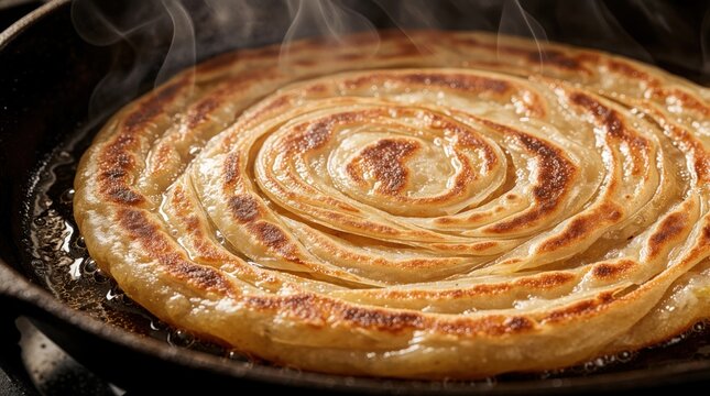 Golden paratha flatbread fries in hot oil inside black skillet. Delicious crispy layered dough sizzles with steam rising from pan. Traditional Indian cuisine cooking process shows tasty flaky texture