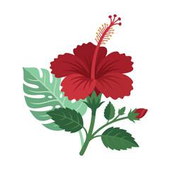 A vibrant red hibiscus flower vector illustration accompanied by a lush green monstera leaf and a budding blossom on a clean white background. © Sora