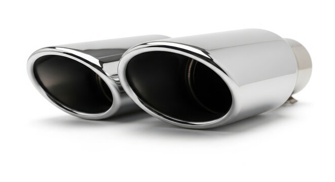 Polished chrome car exhaust tips featuring dual rounded metal pipes isolated on a clean white background for automotive repair design