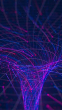 Abstract neon line flow of data in a cyber wormhole. Quantum computing technology and an information vortex. Digital singularity. Vertical Video.