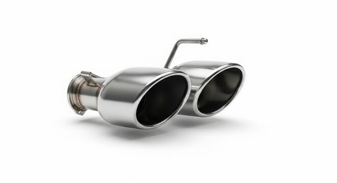 Shiny polished chrome dual car exhaust muffler tips isolated on white background showing high quality metal engineering and automotive design