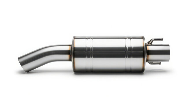 Stainless steel automotive exhaust muffler component for high performance racing car engine isolated against a pure clean white studio background