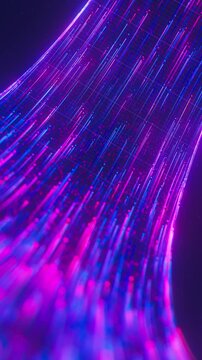 Ascending neon line flow carrying big data at light speed. Abstract digital data stream of quantum computing. Cyberspace of qubit trail waves. Modern technology data transmission. Vertical Video.