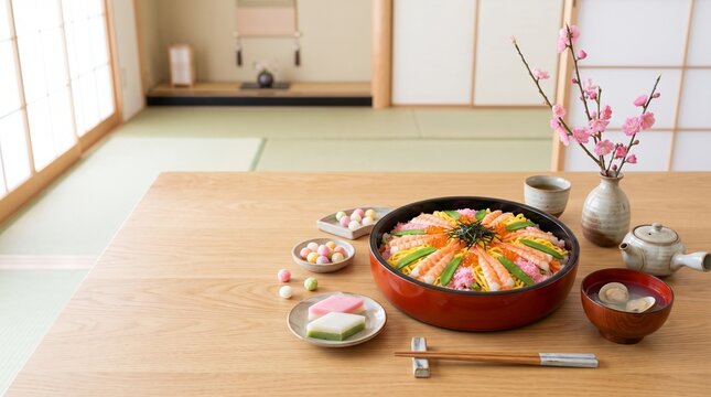 海老と錦糸卵をのせたちらし寿司　周囲まで入れた引き・明るい均一な室内光