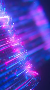 Closeup of warped neon line flow carrying big data at light speed. Digital data stream for quantum computing. Cyberspace of qubit trail waves. Modern technology data transmission. Vertical Video.