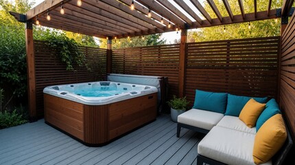 Naklejka na ściany i meble Modern backyard spa area with wooden pergola, hot tub on grey deck. Luxury outdoor lounge with teal, yellow pillows. Private garden retreat features wooden privacy fence, string lights, green plants