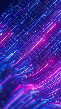 Closeup of neon line flow carrying big data at light speed. Abstract digital data stream of quantum computing. Cyberspace of qubit trail waves. Modern technology data transmission. Vertical Video.