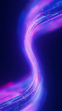 Side view of neon line flow carrying big data around a curve. Abstract digital data stream of quantum computing. Cyberspace of qubit trail waves. Modern technology data transmission. Vertical Video.