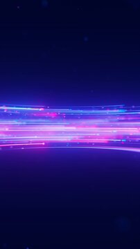 Neon line flow carrying big data to the right at light speed. Abstract digital data stream of quantum computing. Cyberspace of qubit trails. Modern technology data transmission. Vertical Video.