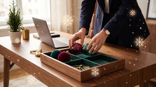Hands Arranging Small Christmas Gifts in a Wooden Holiday Tray Display