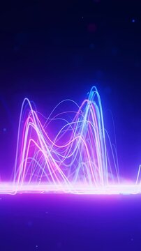 Side view of wavy neon line flow carrying big data. Digital sound data stream for quantum computing. Cyberspace of qubit trail waves. Modern technology data transmission. Vertical Video.