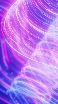 Closeup of neon line flow carrying big data at light speed. Abstract digital data stream of quantum computing. Cyberspace of qubit trail waves. Modern technology data transmission. Vertical Video.