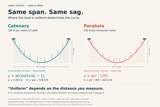 Catenary and parabolic cable shapes with equal span and sag under different loads
