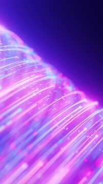 Extreme closeup of neon line flow carrying big data at light speed. Digital data stream for quantum computing. Cyberspace of qubit trail waves. Modern technology data transmission. Vertical Video.