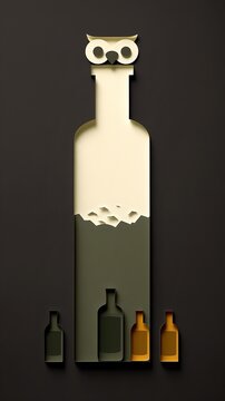 Minimal papercut art of a tall white perfume bottle shaped like an owl with amber flacons below, surreal paper still life on black for beauty packaging design