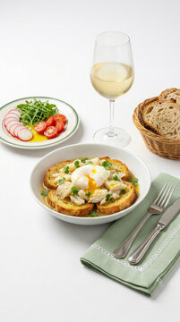 A traditional codfish dish with a poached egg, toasted bread, and olive oil, accompanied by a glass of white wine and a fresh salad, set on a table with a white tablecloth - A&ccedil;orda de bacalhau