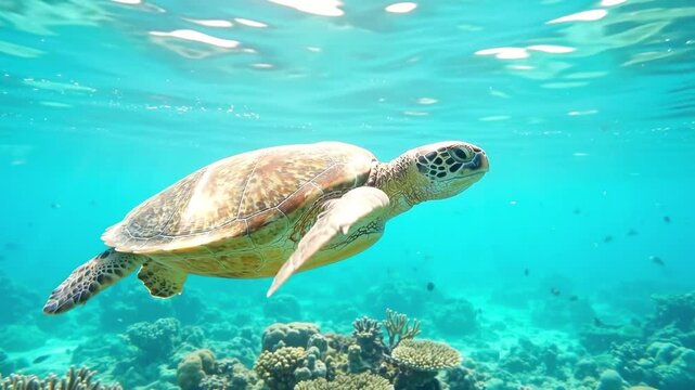 Green Sea Turtle Swimming Underwater Over Coral Reef in Turquoise Ocean   