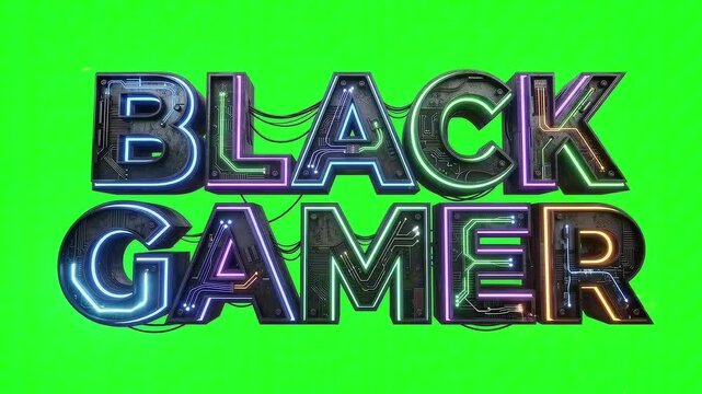 Black Gamer neon sign text art on a green screen background