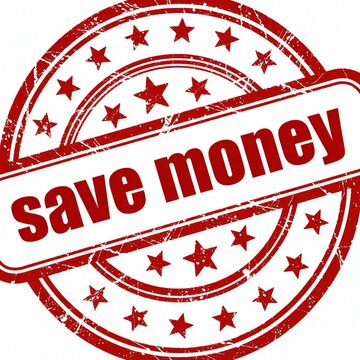 Red rubber stamp with save money text on white background. Distressed grunge seal design with stars. Financial concept icon for business budget, banking savings, economy growth discount sale.