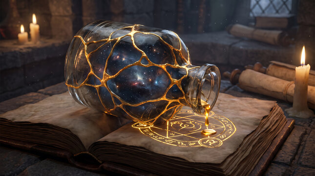 Cracked glass magic potion bottle leaking golden liquid on an ancient spellbook with glowing gold runes, dark fantasy alchemy