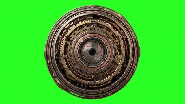 A detailed steampunk-inspired clockwork sphere with intricate gears and a central lens, set against a vibrant green background.